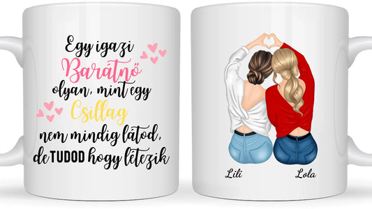 Legjobb barátnők egymás mellett ülve szívet mutatnak - Egyedi személyre szabható bögre