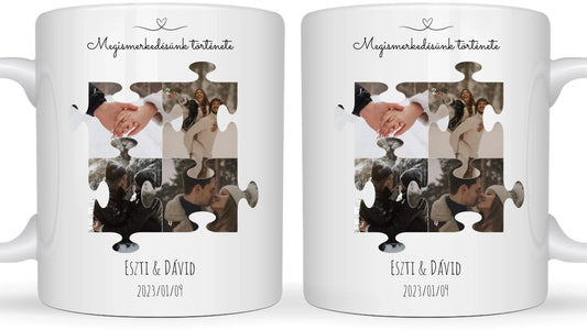 Megismerkedésünk története puzzle 1. - 4 fénykép - Saját fényképes bögre