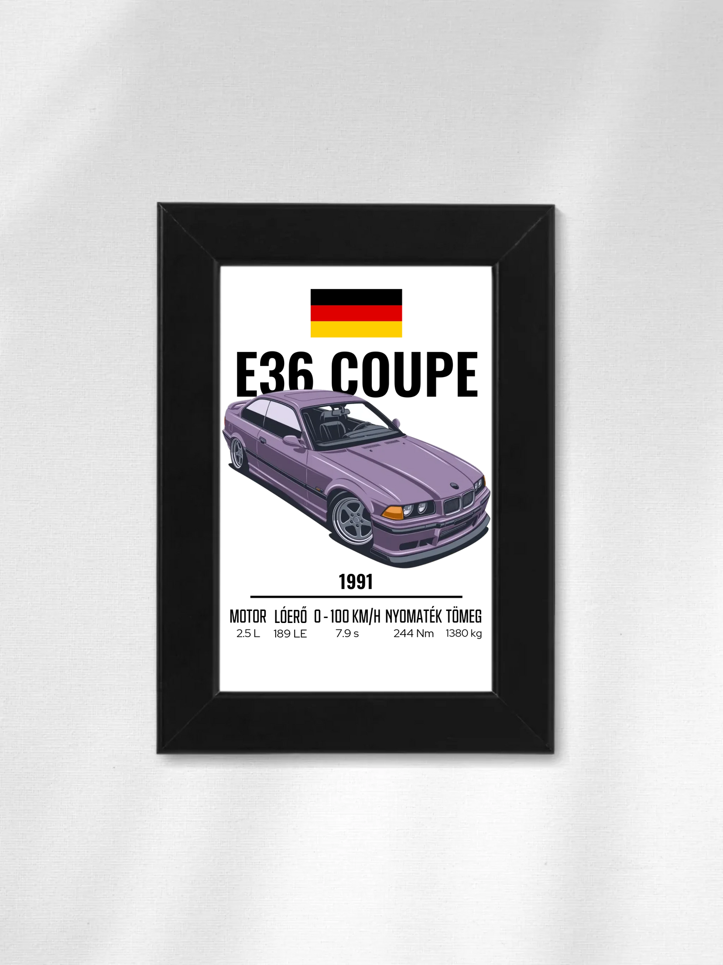 BMW E36 Coupe illusztráció faliképen kerettel együtt