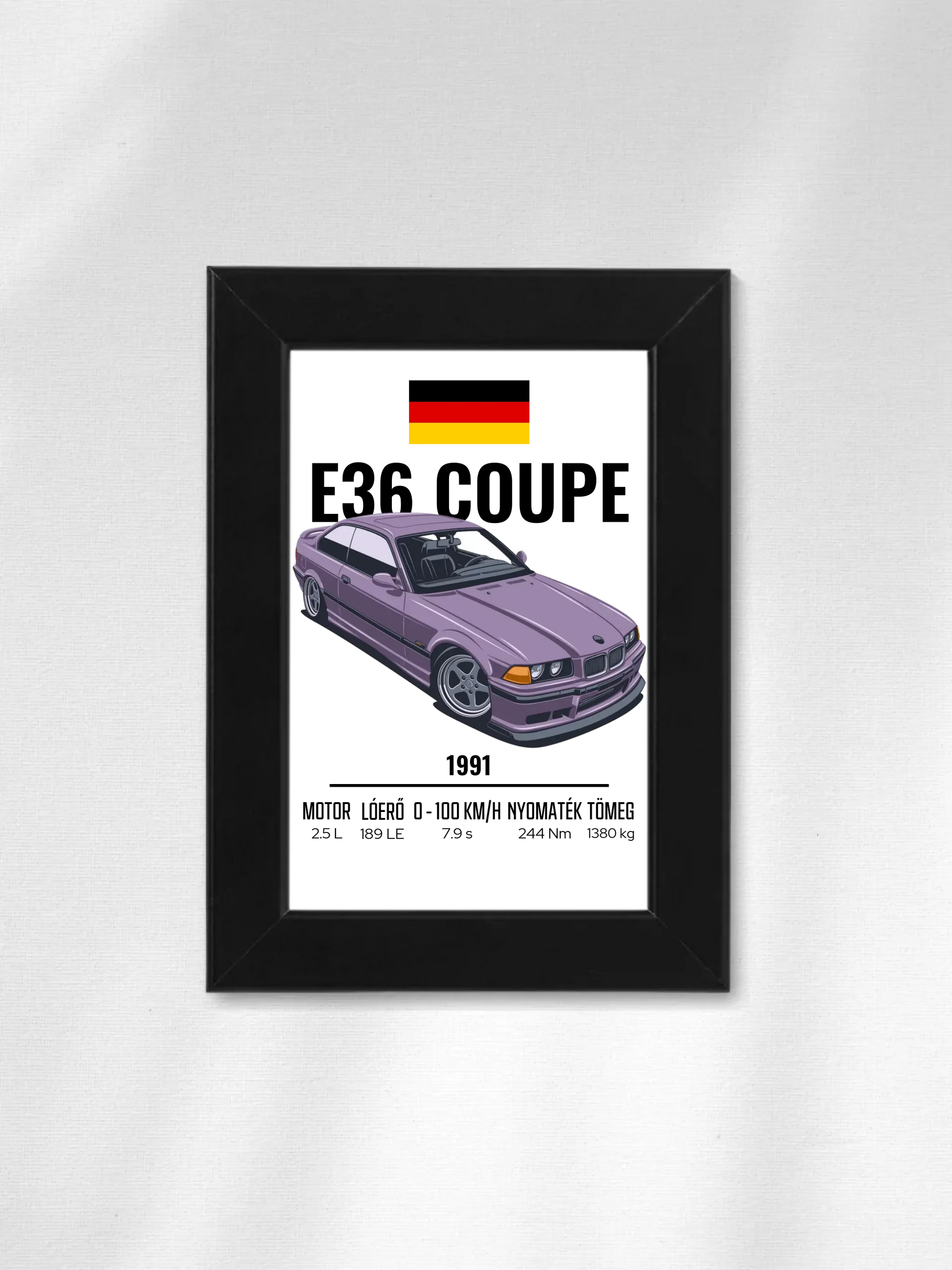 BMW E36 Coupe illusztráció faliképen kerettel együtt