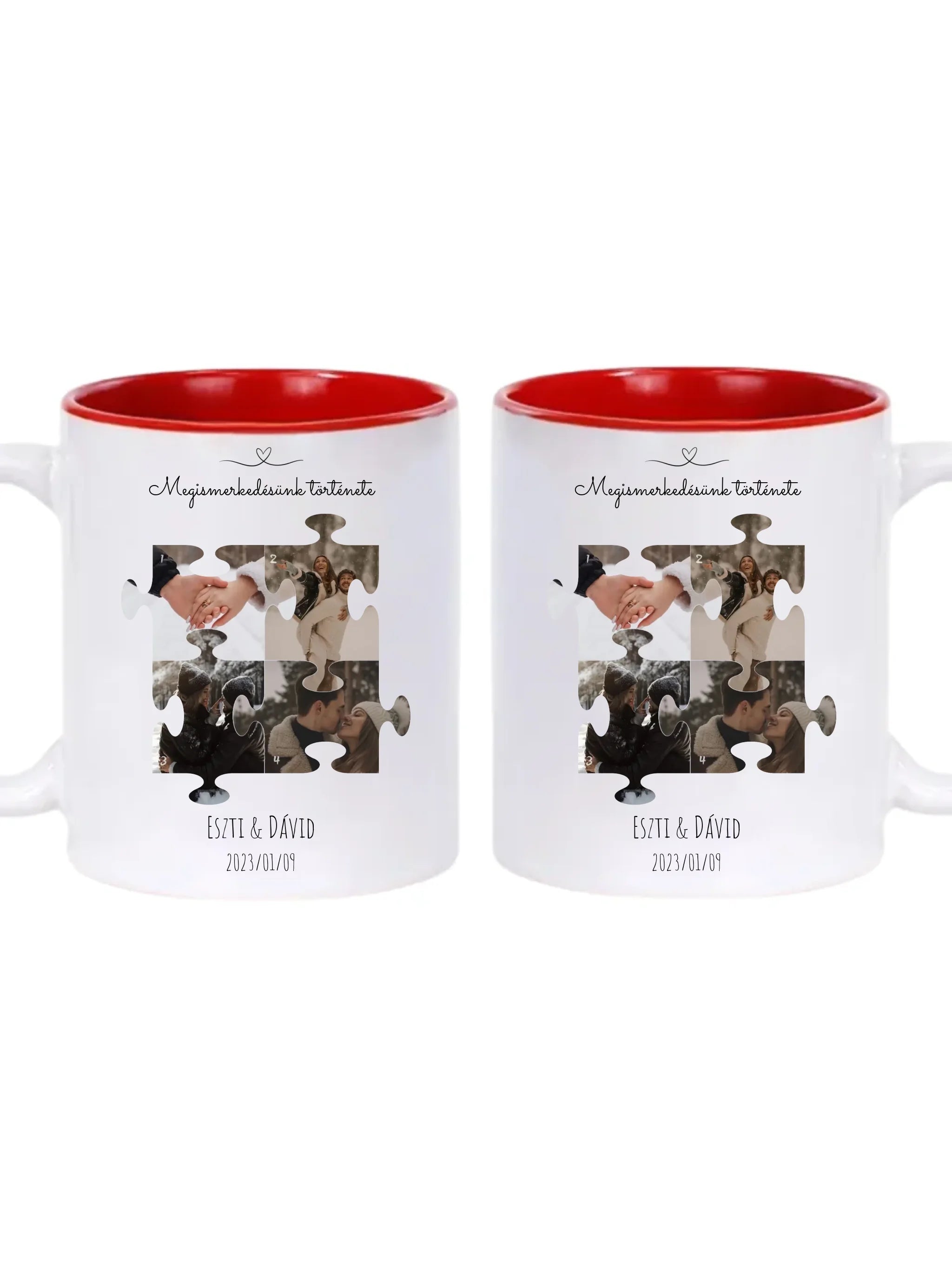 Megismerkedésünk története puzzle 1. - 4 fénykép - Saját fényképes bögre