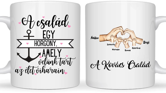 Szív alakú családi kezek gyerek kezekkel - Egyedi személyre szabott bögre