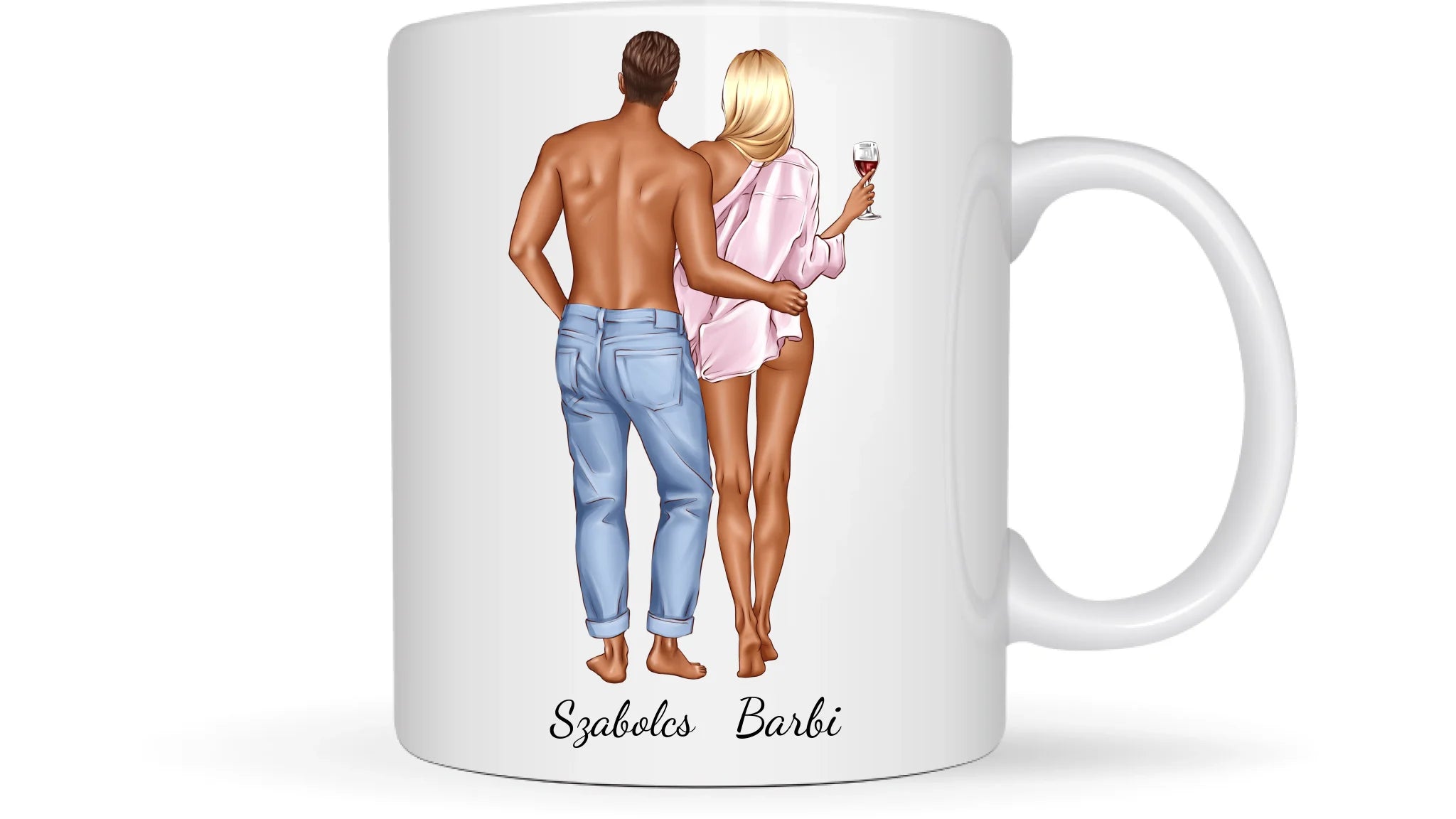 Romantikus pár borral a lány kezében - Egyedi személyre szabható bögre