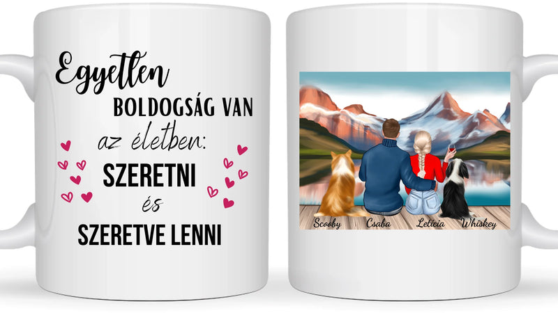 Romantikus pár kutyákkal a stégen - Egyedi személyre szabható bögre