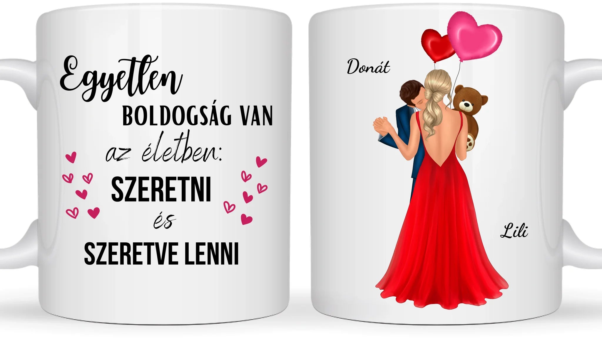 Valentin napi páros plüss macival és lufikkal - Egyedi személyre szabható bögre