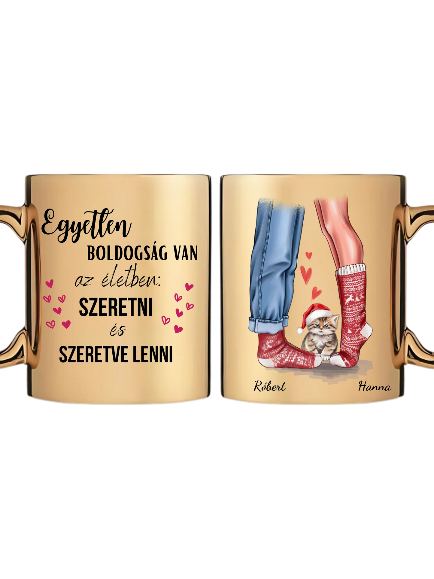 Karácsonyi pár zokniban cuki cicával - Egyedi személyre szabható bögre