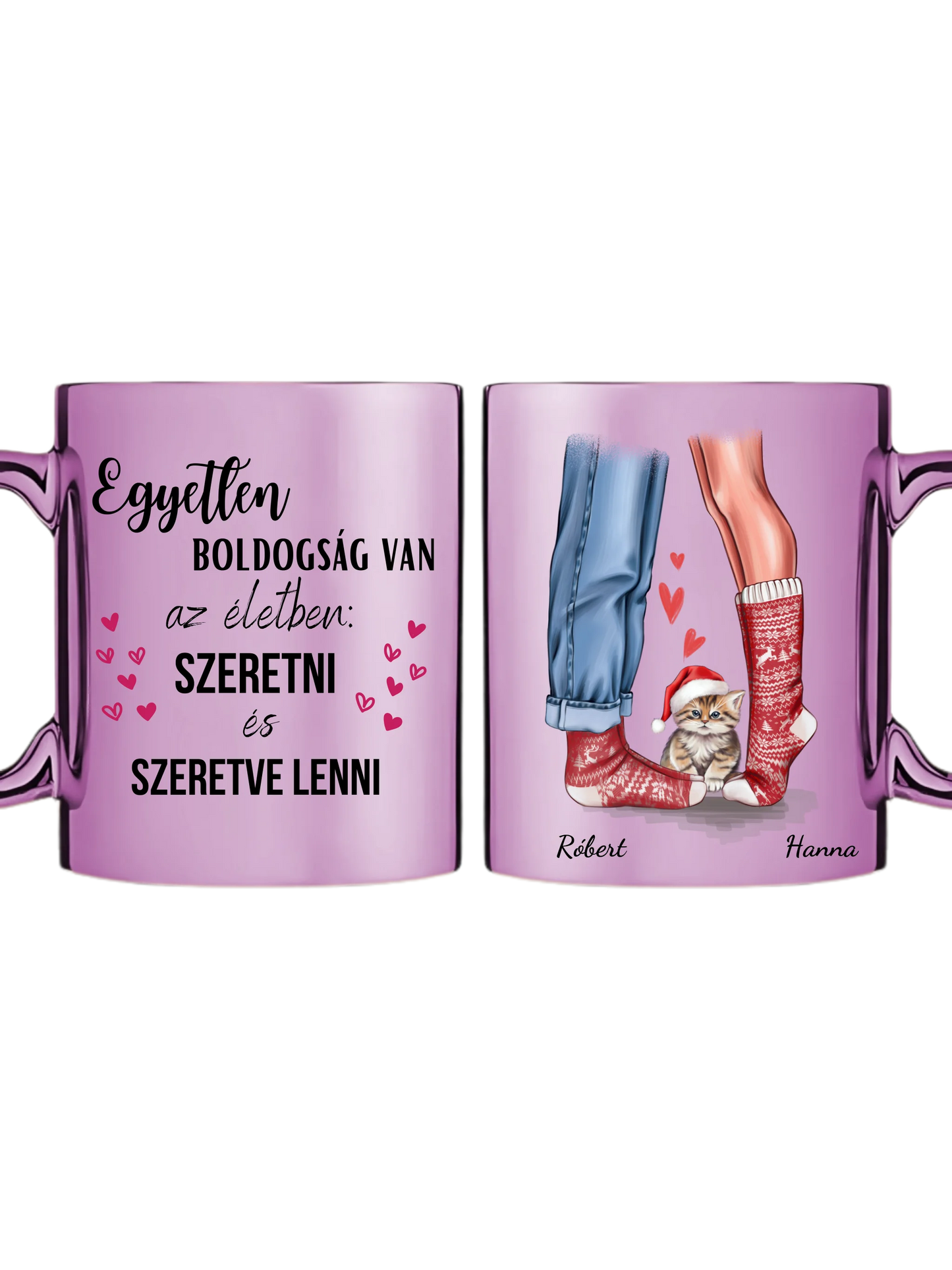Karácsonyi pár zokniban cuki cicával - Egyedi személyre szabható bögre