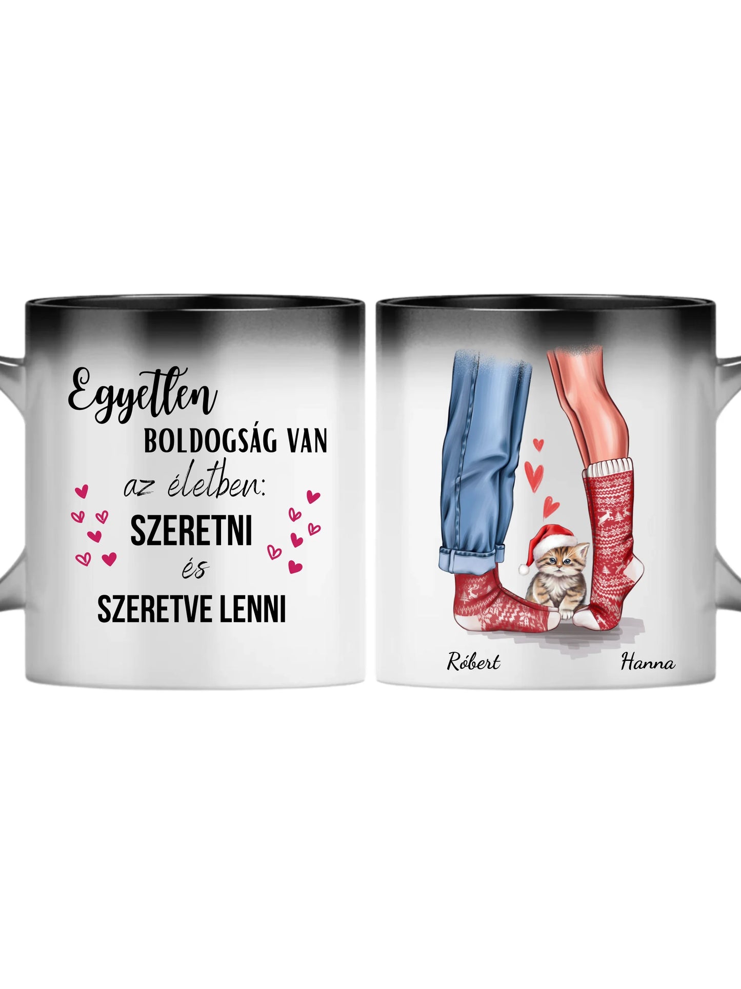 Karácsonyi pár zokniban cuki cicával - Egyedi személyre szabható bögre
