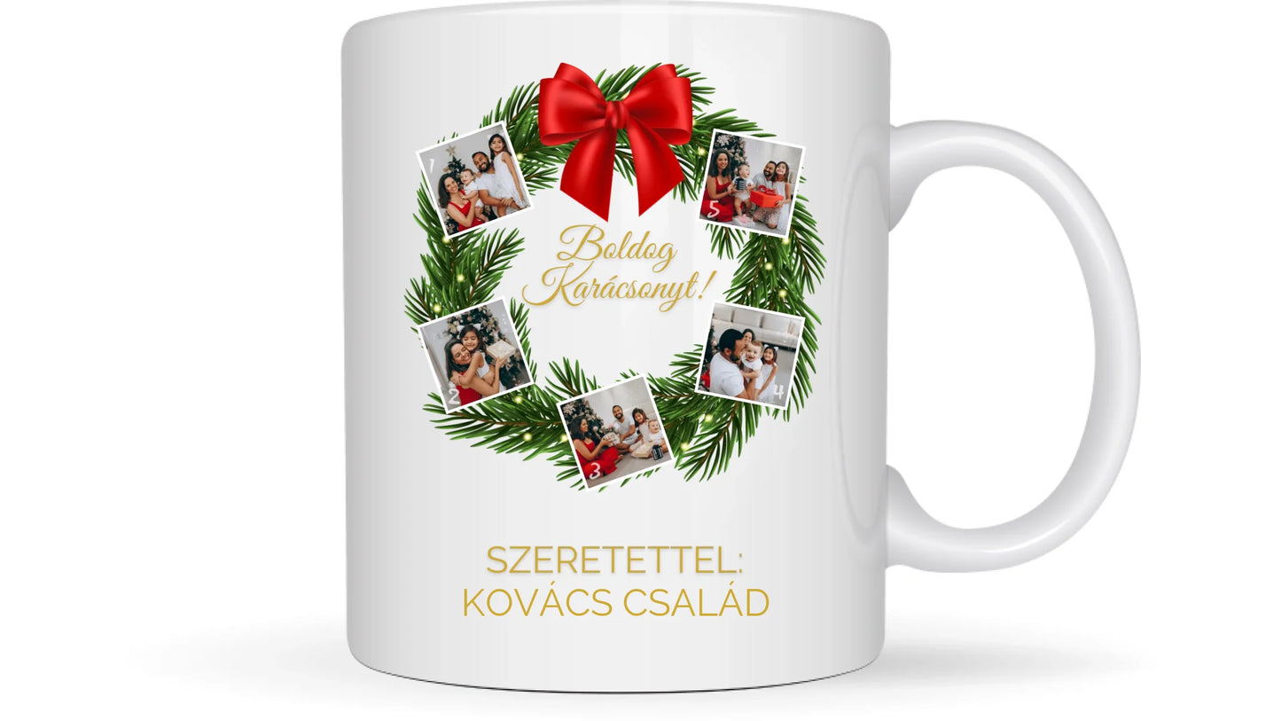 Karácsonyi koszorú fotókollázs - Ajándék Karácsonyra - Fényképes bögre