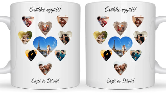 Szívecskés fotókollázs - Ajándék Pároknak - Fényképes bögre