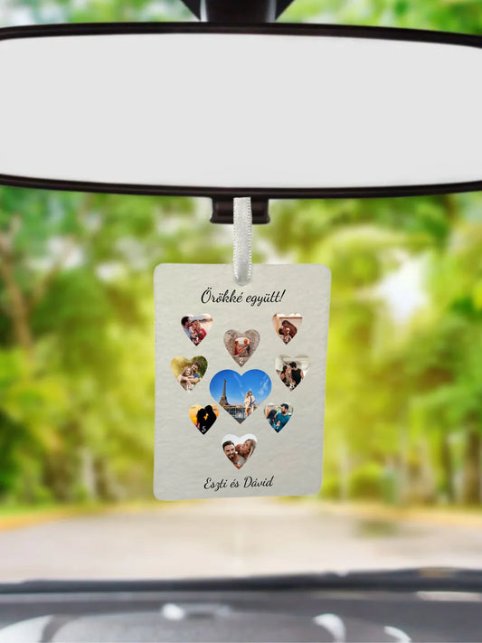 Szívecskés fotókollázs - Ajándék Pároknak - Fényképes autóillatosító