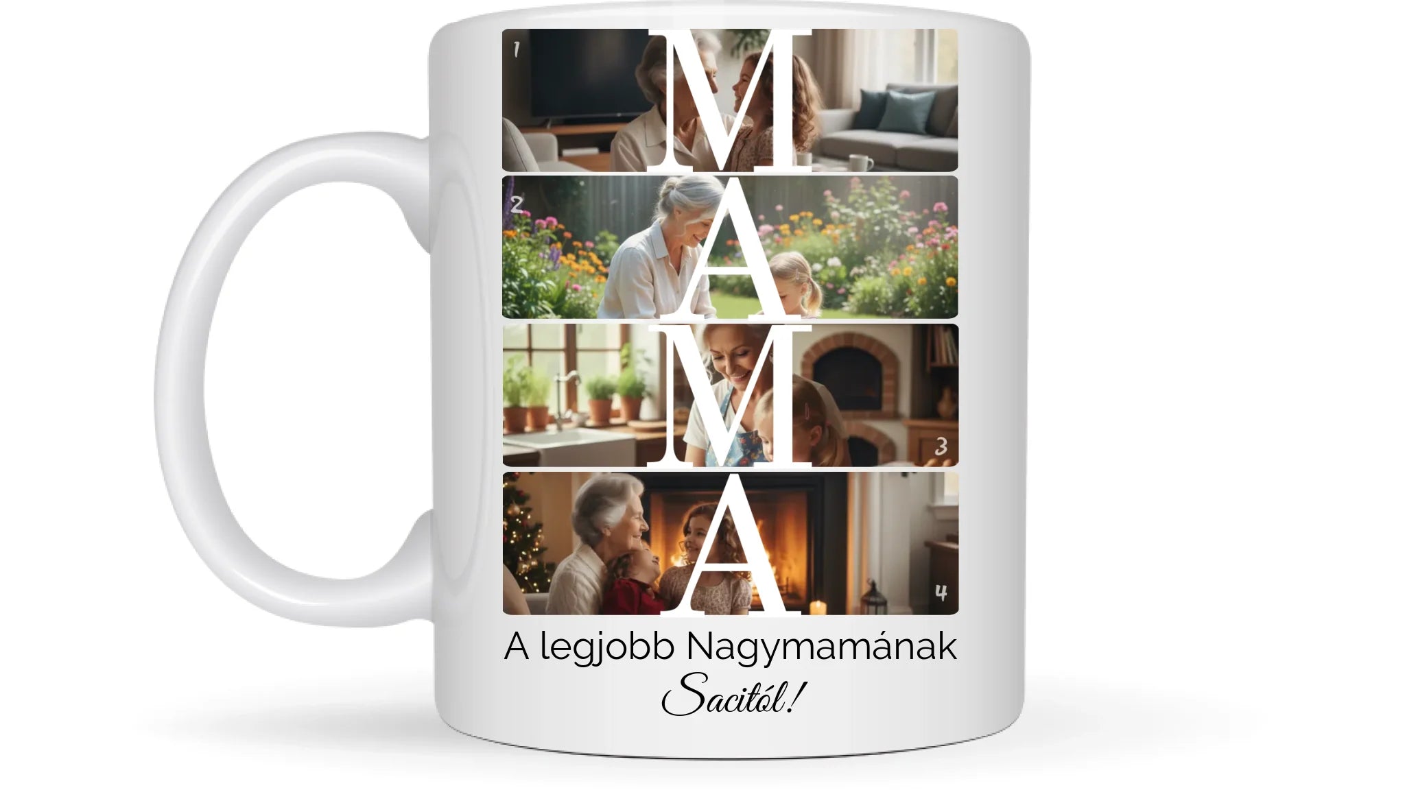 MAMA fotókollázs bögre 4 fényképpel, szöveggel és névvel - személyre szabható ajándék nagymamának