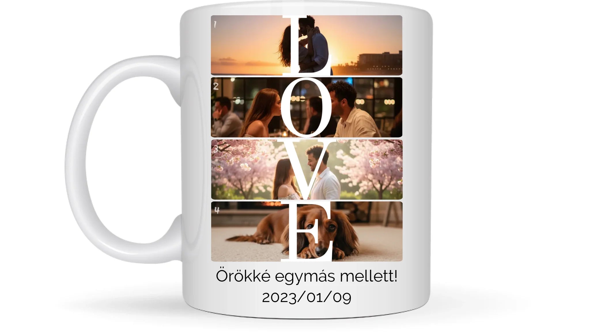 LOVE fotókollázs bögre 4 fényképpel, szöveggel és dátummal - személyre szabható ajándék pároknak