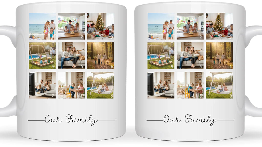 Our Family fotókollázs bögre 9 fényképpel - személyre szabható ajándék családnak