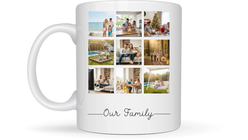 Our Family fotókollázs bögre 9 fényképpel - személyre szabható ajándék családnak