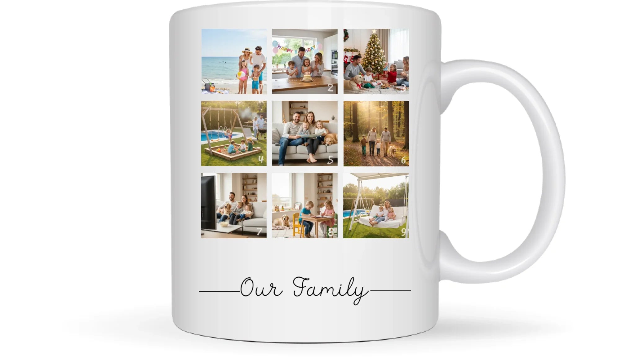 Our Family fotókollázs bögre 9 fényképpel - személyre szabható ajándék családnak