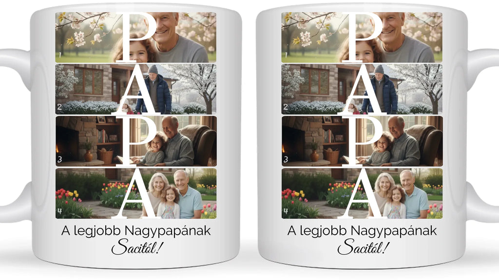 PAPA fotókollázs bögre 4 fényképpel, szöveggel és névvel - személyre szabható ajándék nagypapának