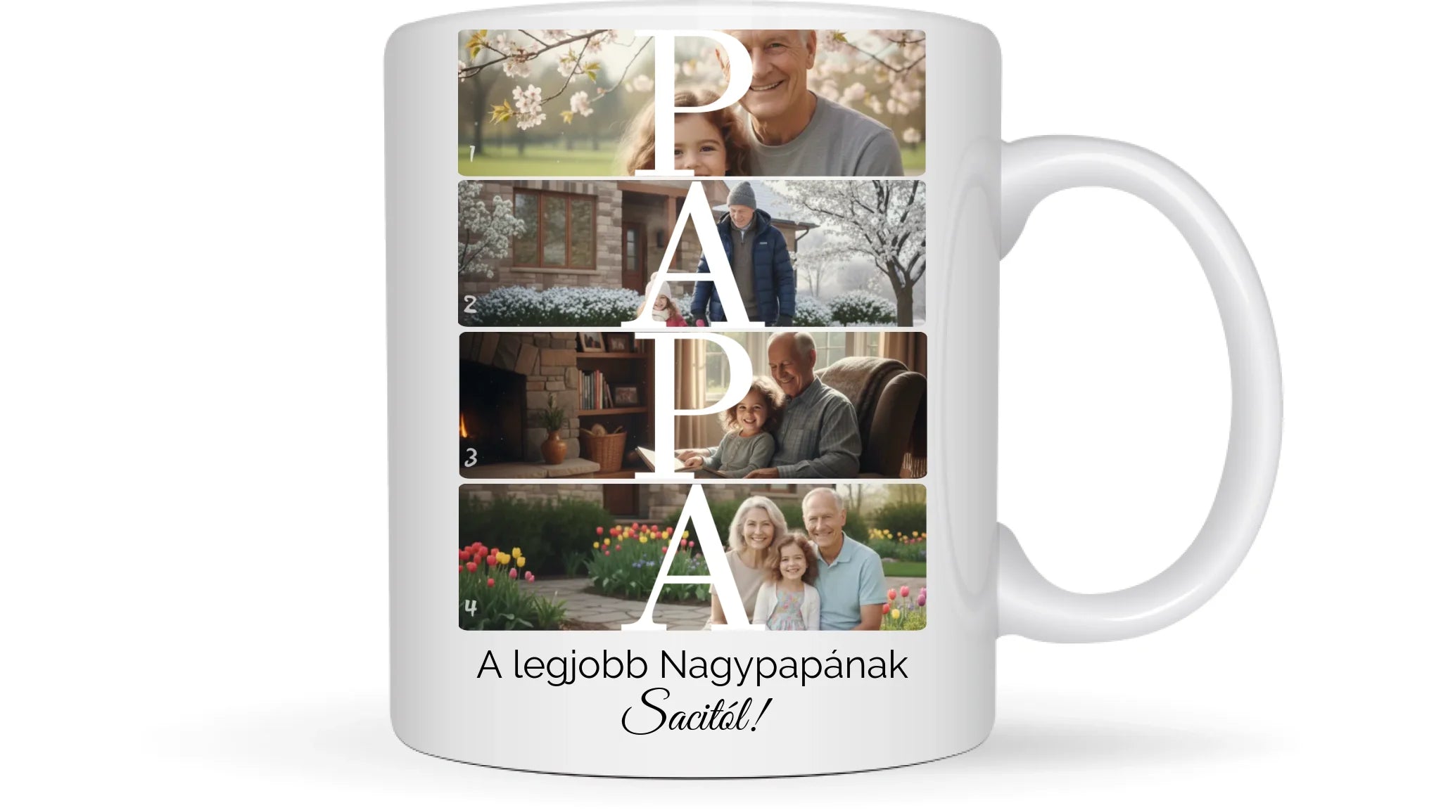 PAPA fotókollázs bögre 4 fényképpel, szöveggel és névvel - személyre szabható ajándék nagypapának