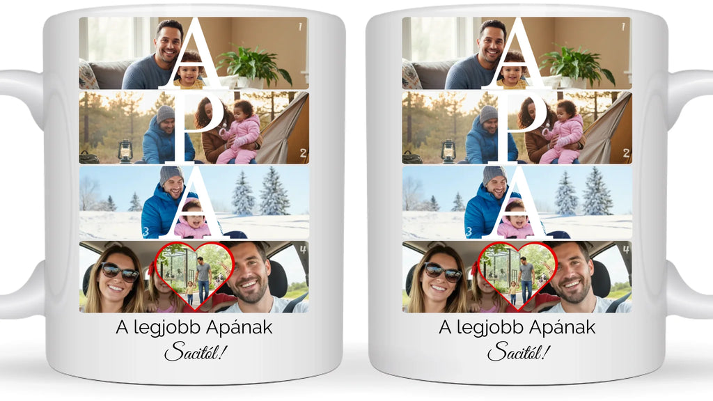 APA fotókollázs bögre 5 fényképpel, szöveggel és névvel - személyre szabható ajándék édesapának
