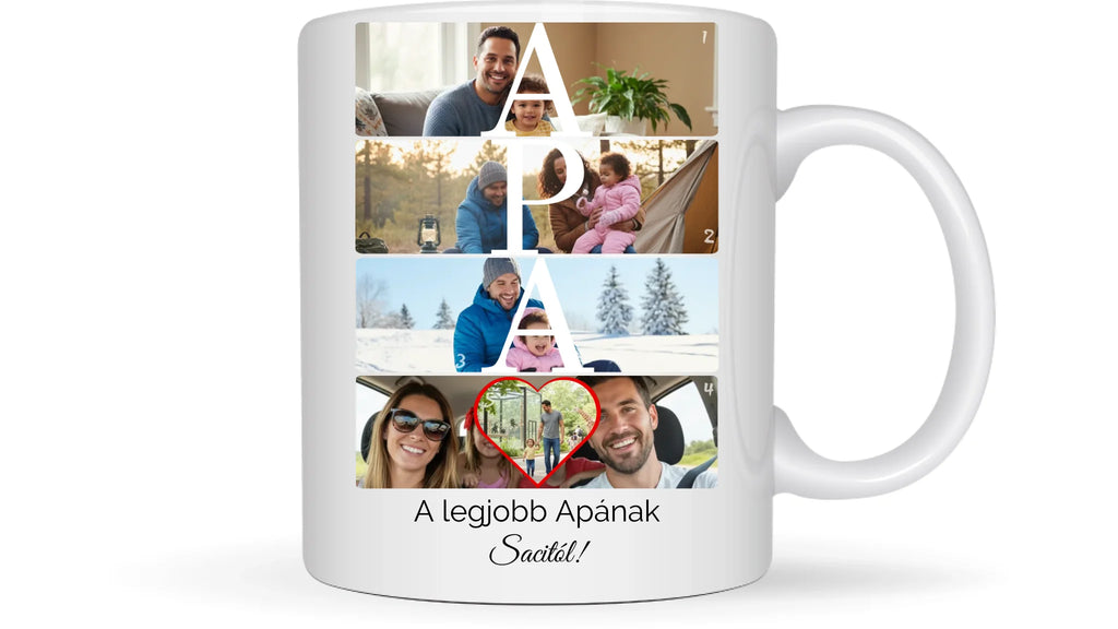 APA fotókollázs bögre 5 fényképpel, szöveggel és névvel - személyre szabható ajándék édesapának