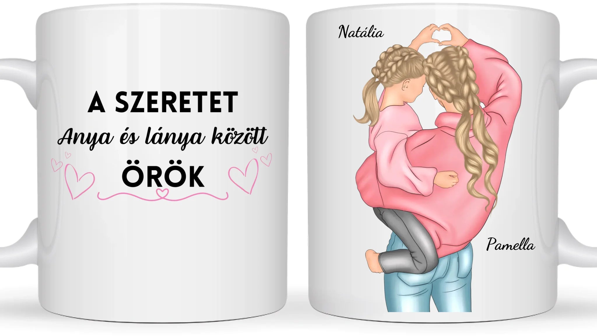 Édesanya a gyermekével az ölében szívet mutatnak - Egyedi személyre szabható bögre