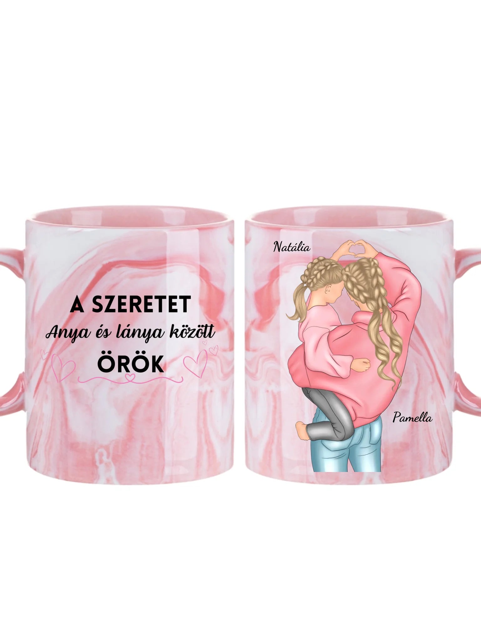 Édesanya a gyermekével az ölében szívet mutatnak - Egyedi személyre szabható bögre