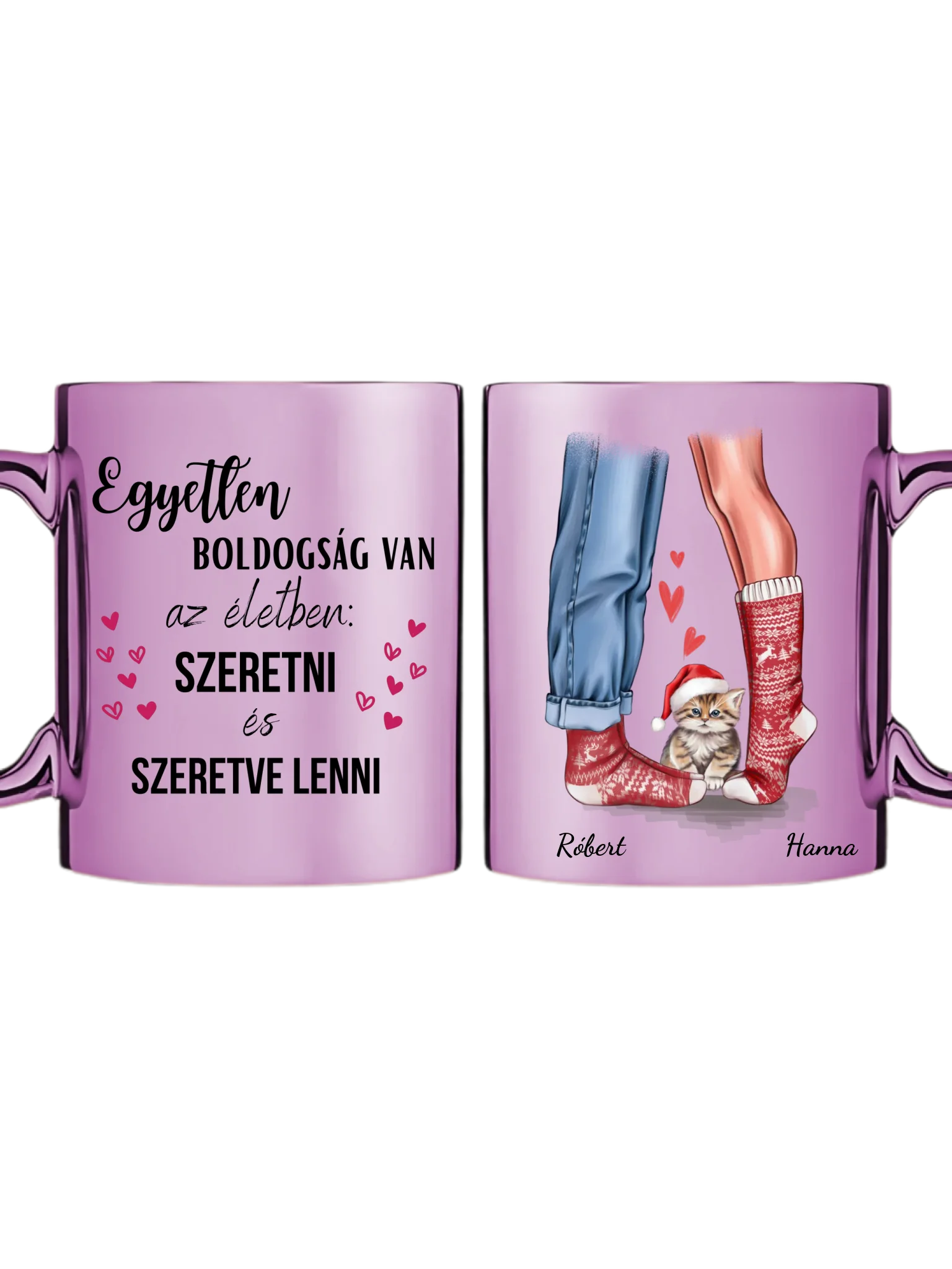 Karácsonyi pár zokniban cuki cicával - Egyedi személyre szabható bögre