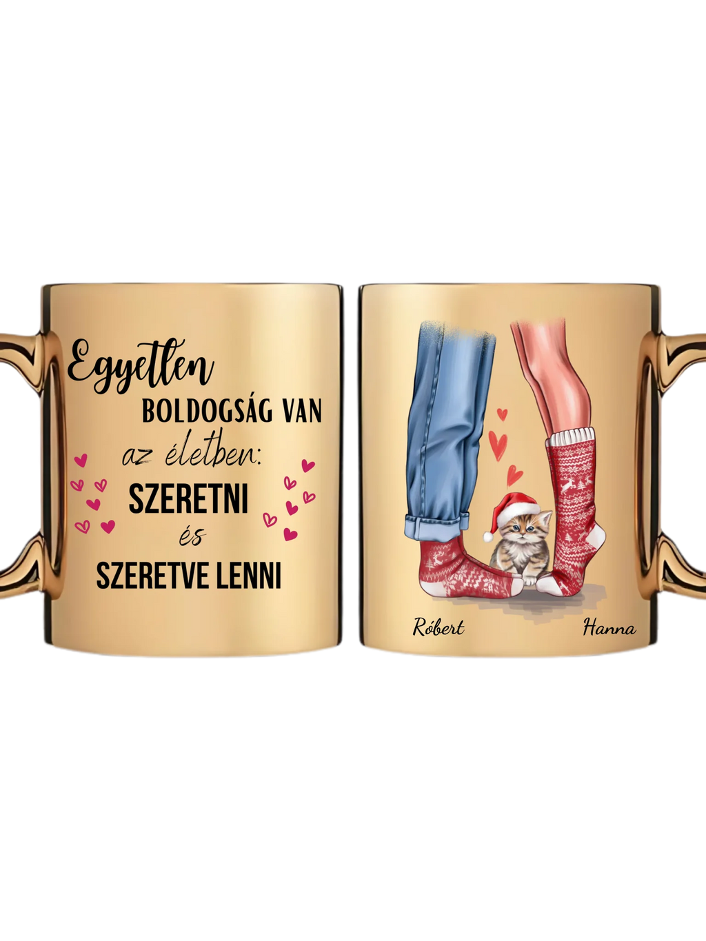 Karácsonyi pár zokniban cuki cicával - Egyedi személyre szabható bögre