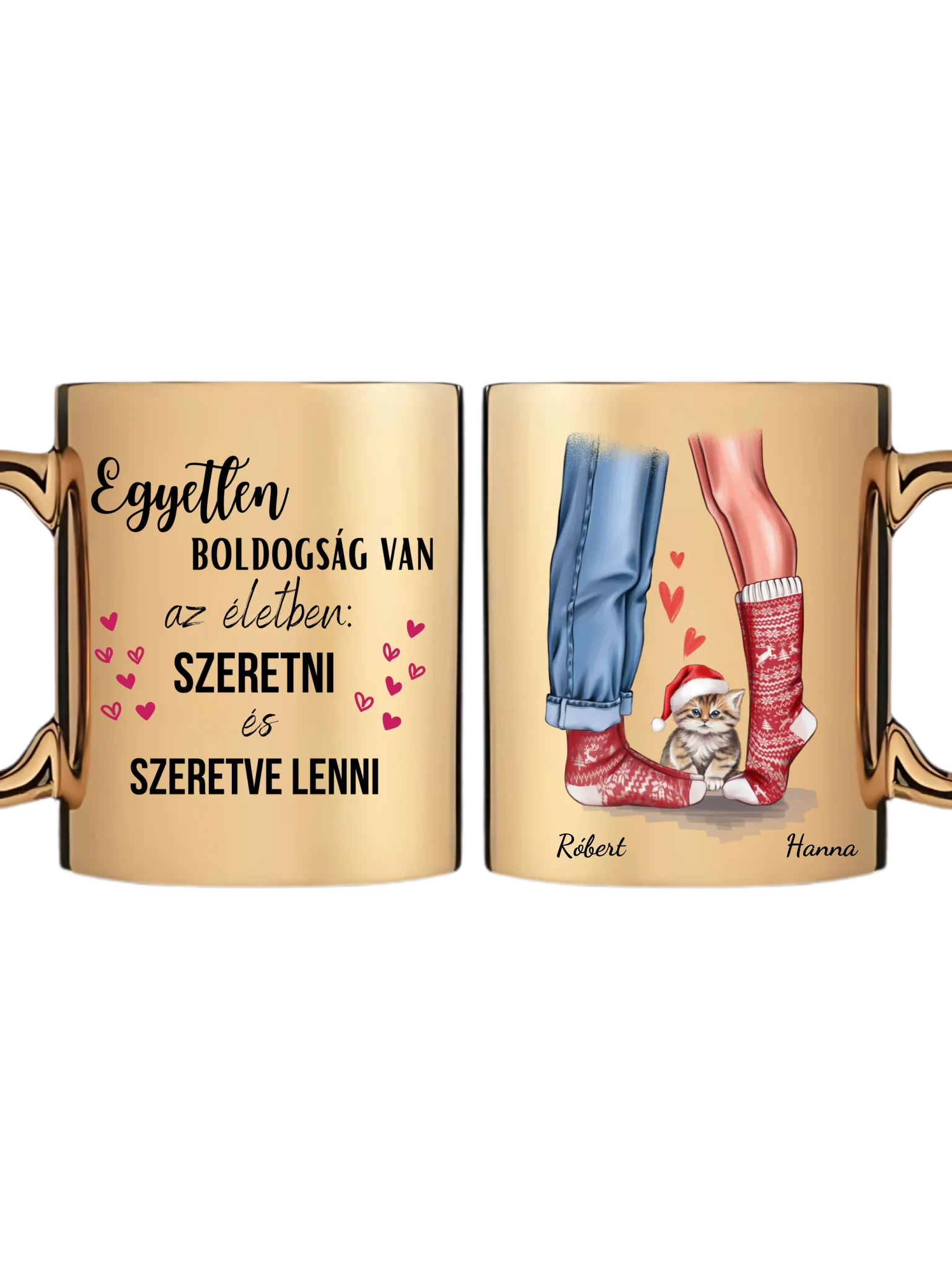 Karácsonyi pár zokniban cuki cicával - Egyedi személyre szabható bögre