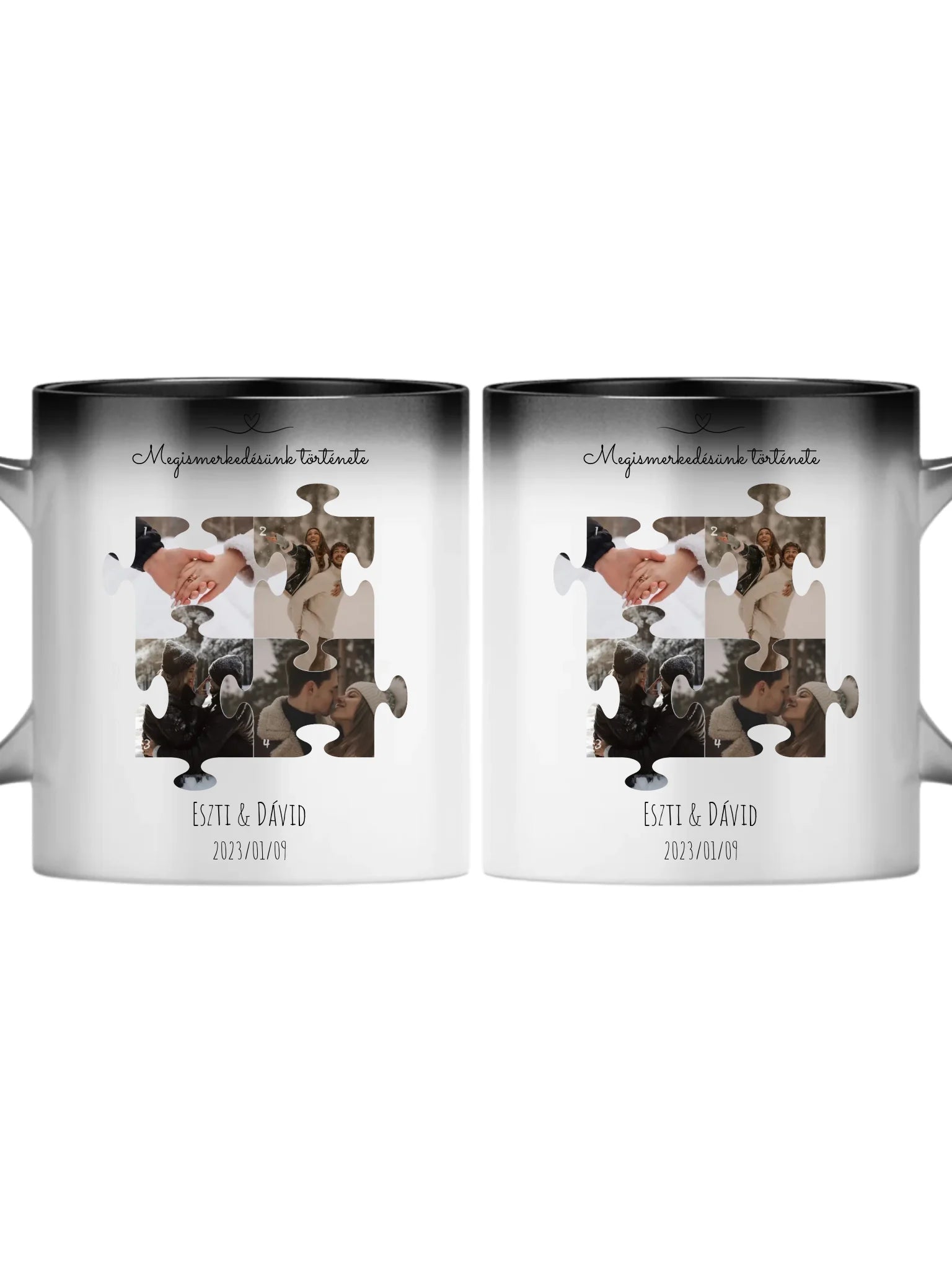 Megismerkedésünk története puzzle 1. - 4 fénykép - Saját fényképes bögre