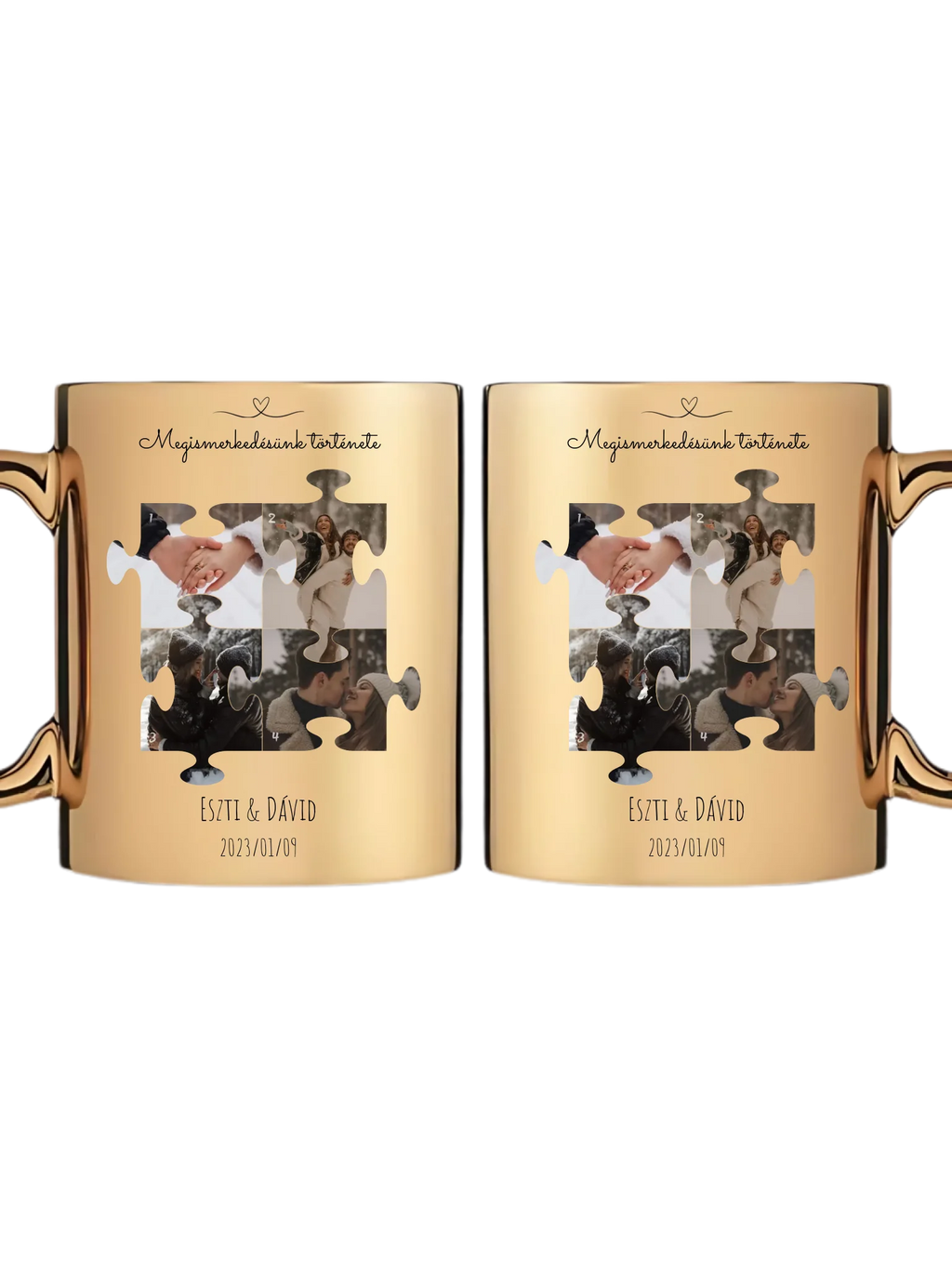 Megismerkedésünk története puzzle 1. - 4 fénykép - Saját fényképes bögre