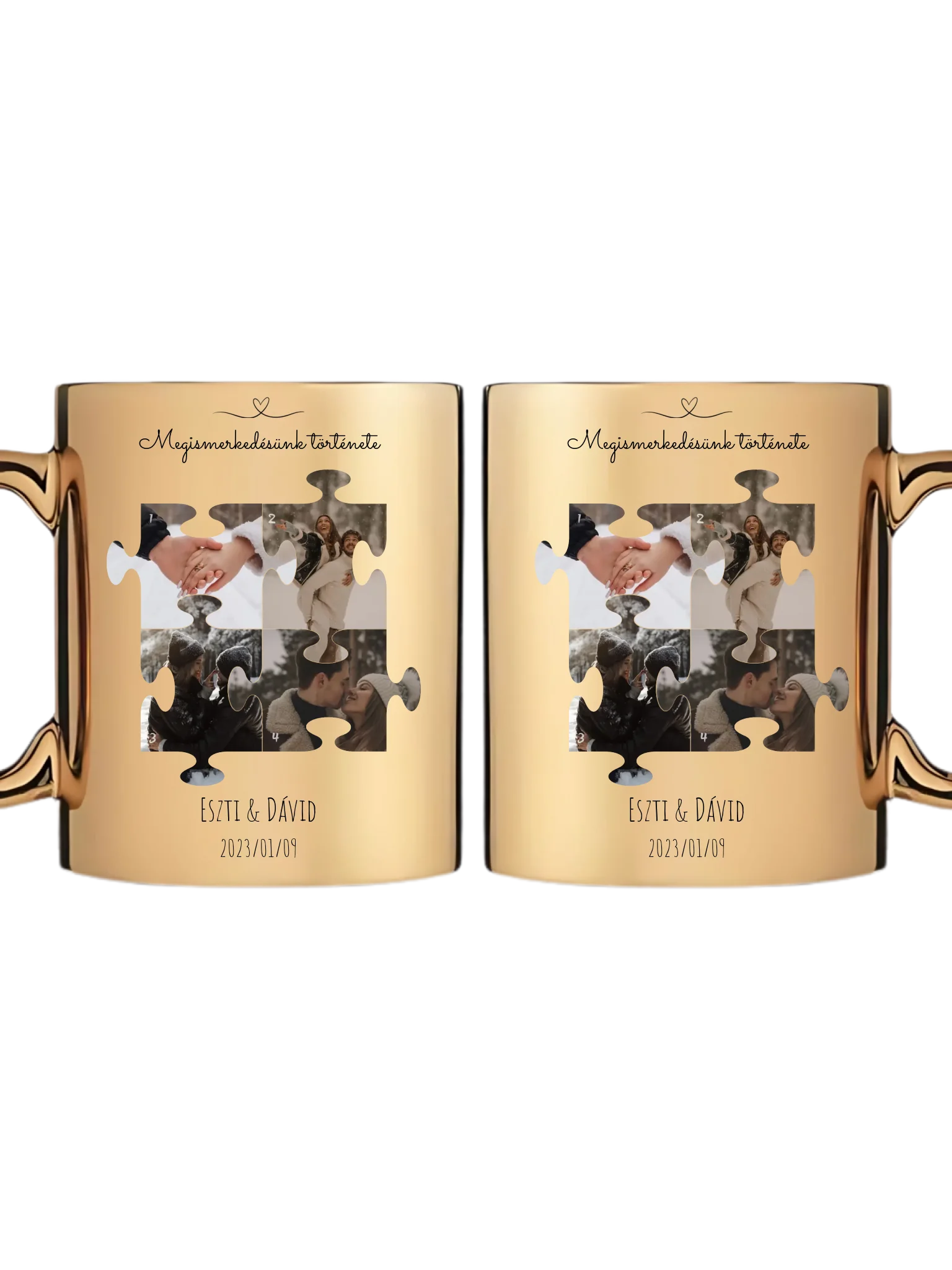 Megismerkedésünk története puzzle 1. - 4 fénykép - Saját fényképes bögre