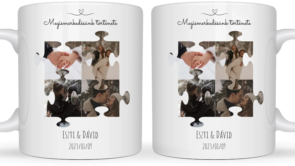 Megismerkedésünk története puzzle 1. - 4 fénykép - Saját fényképes bögre