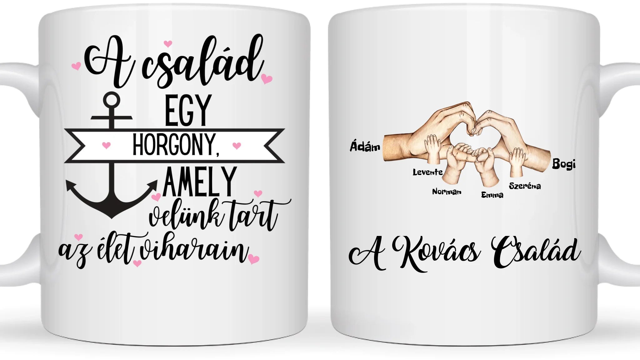 Szív alakú családi kezek gyerek kezekkel - Egyedi személyre szabott bögre