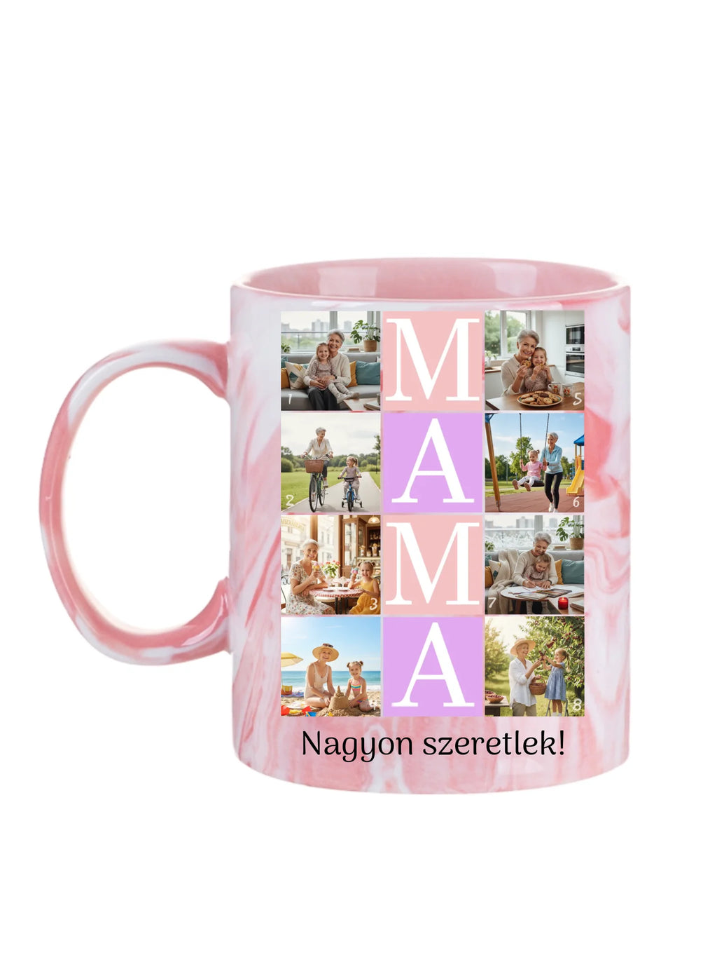 MAMA fotókollázs bögre - 8 fényképpel és szöveggel - személyre szabható ajándék nagymamának