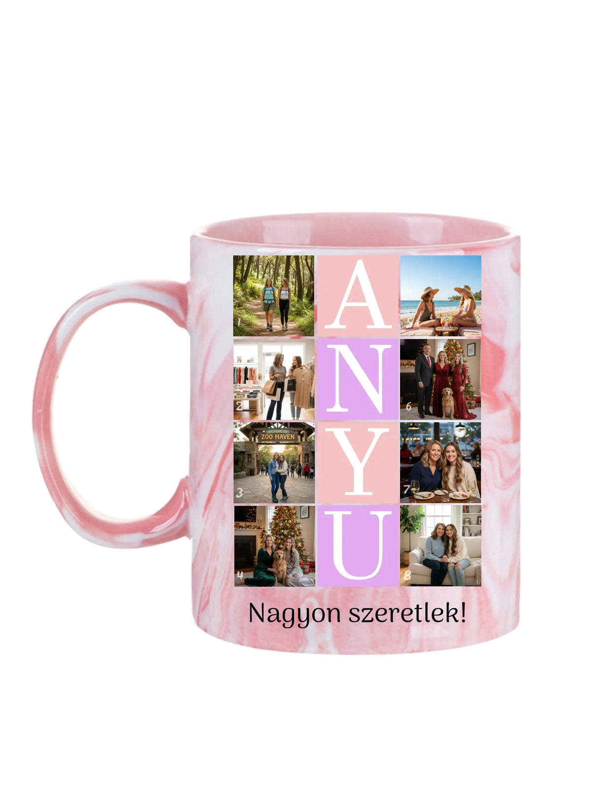 ANYU fotókollázs bögre - 8 fényképpel és szöveggel - személyre szabható ajándék édesanyának