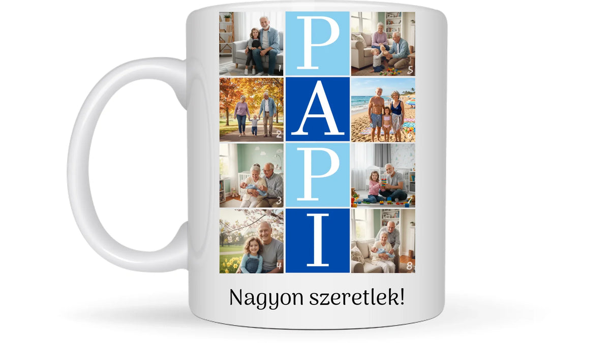 PAPI fotókollázs bögre - 8 fényképpel és szöveggel - személyre szabható ajándék nagypapának