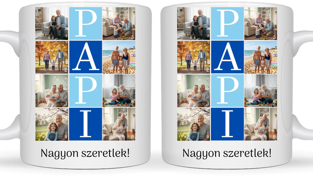 PAPI fotókollázs bögre - 8 fényképpel és szöveggel - személyre szabható ajándék nagypapának