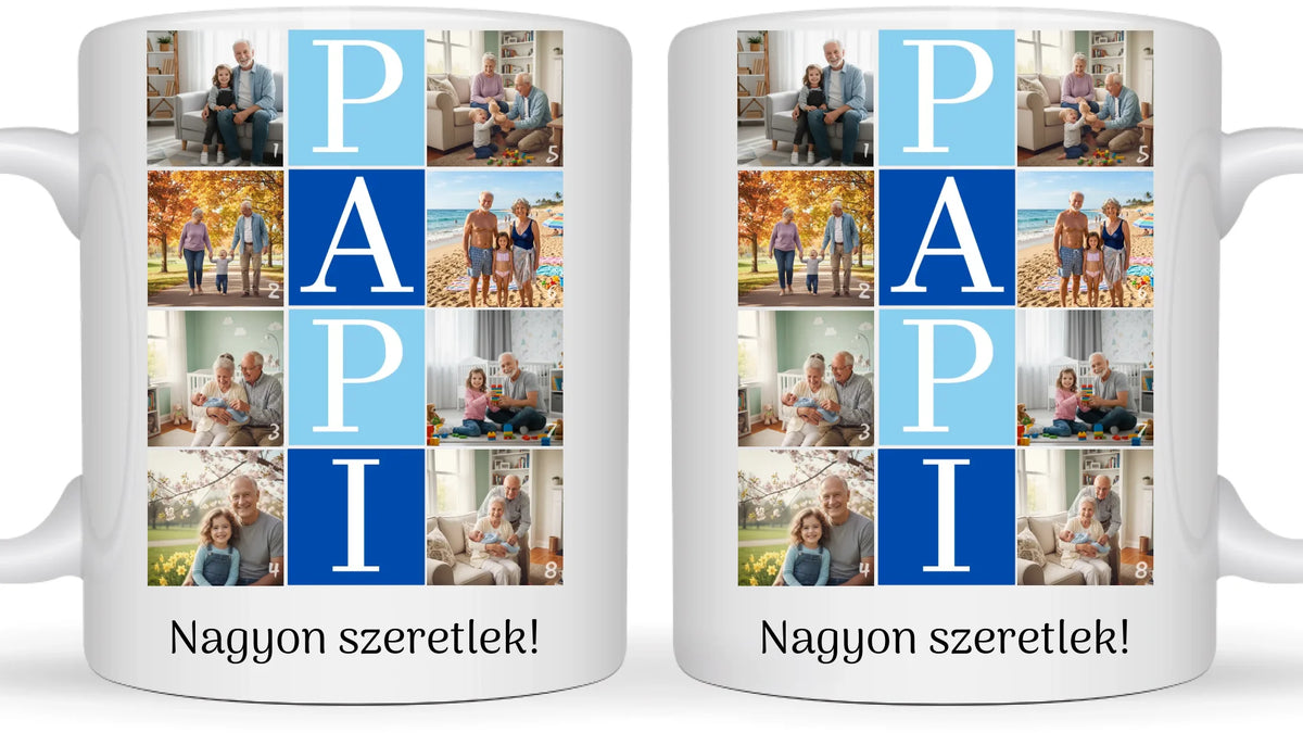 PAPI fotókollázs bögre - 8 fényképpel és szöveggel - személyre szabható ajándék nagypapának