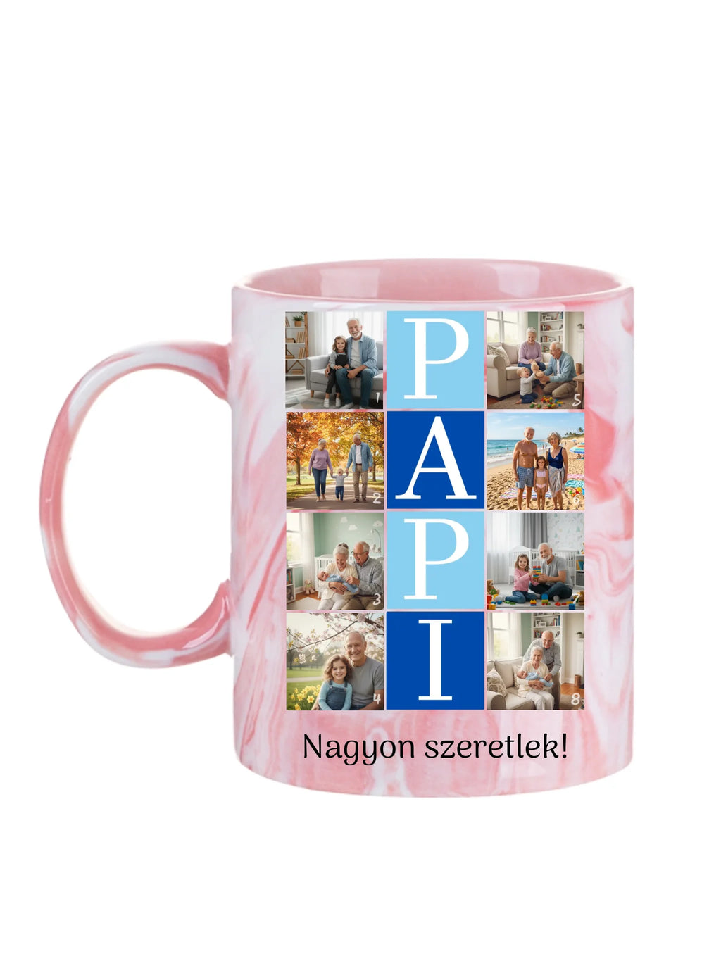 PAPI fotókollázs bögre - 8 fényképpel és szöveggel - személyre szabható ajándék nagypapának