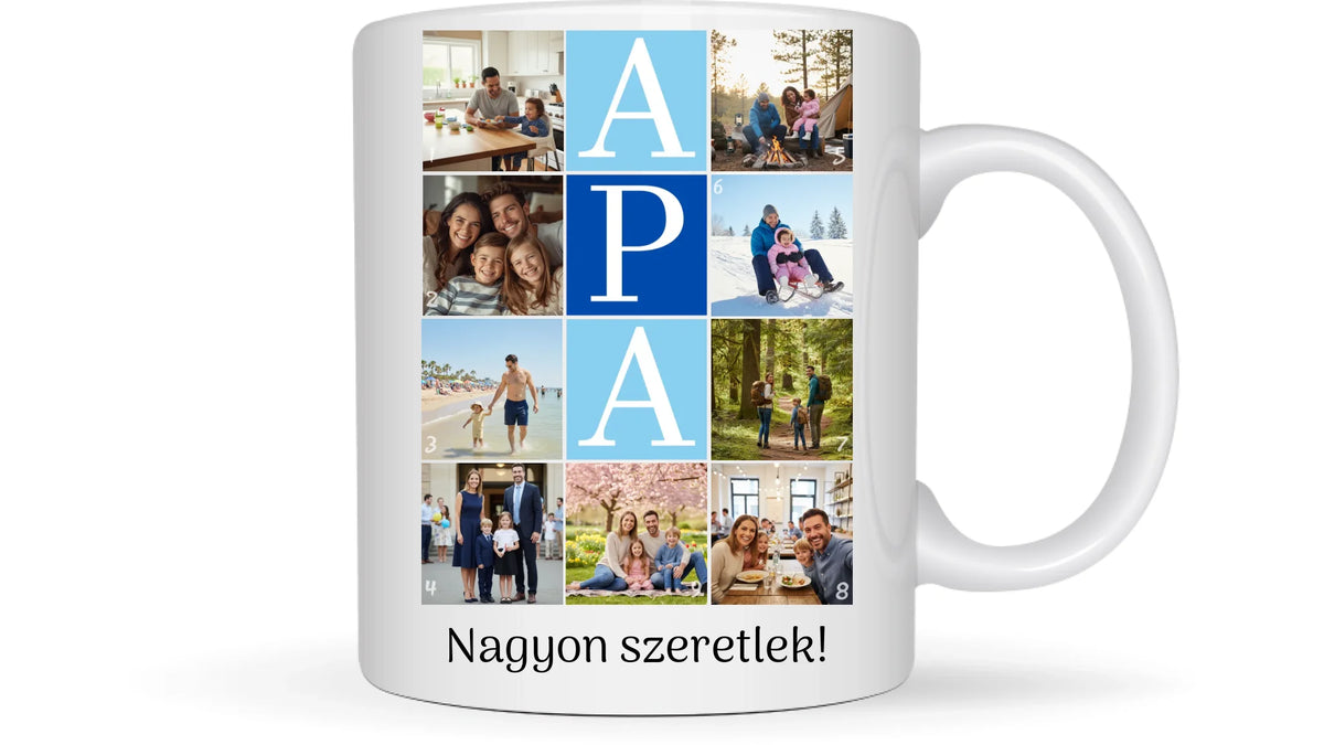 APA fotókollázs bögre - 9 fényképpel és szöveggel - személyre szabható ajándék édesapának