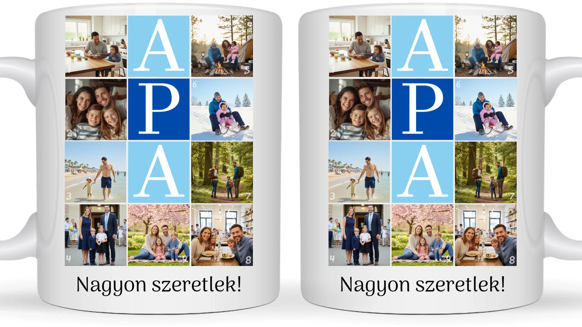 APA fotókollázs bögre - 9 fényképpel és szöveggel - személyre szabható ajándék édesapának
