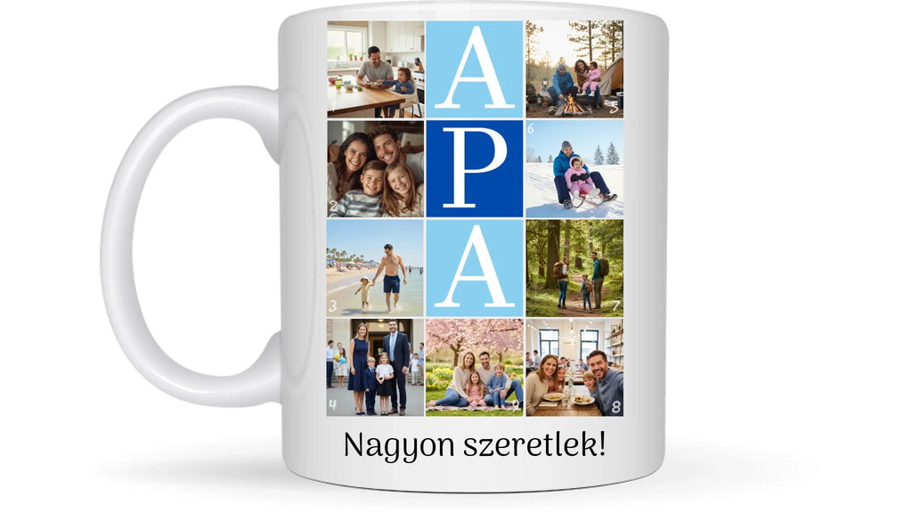 APA fotókollázs bögre - 9 fényképpel és szöveggel - személyre szabható ajándék édesapának