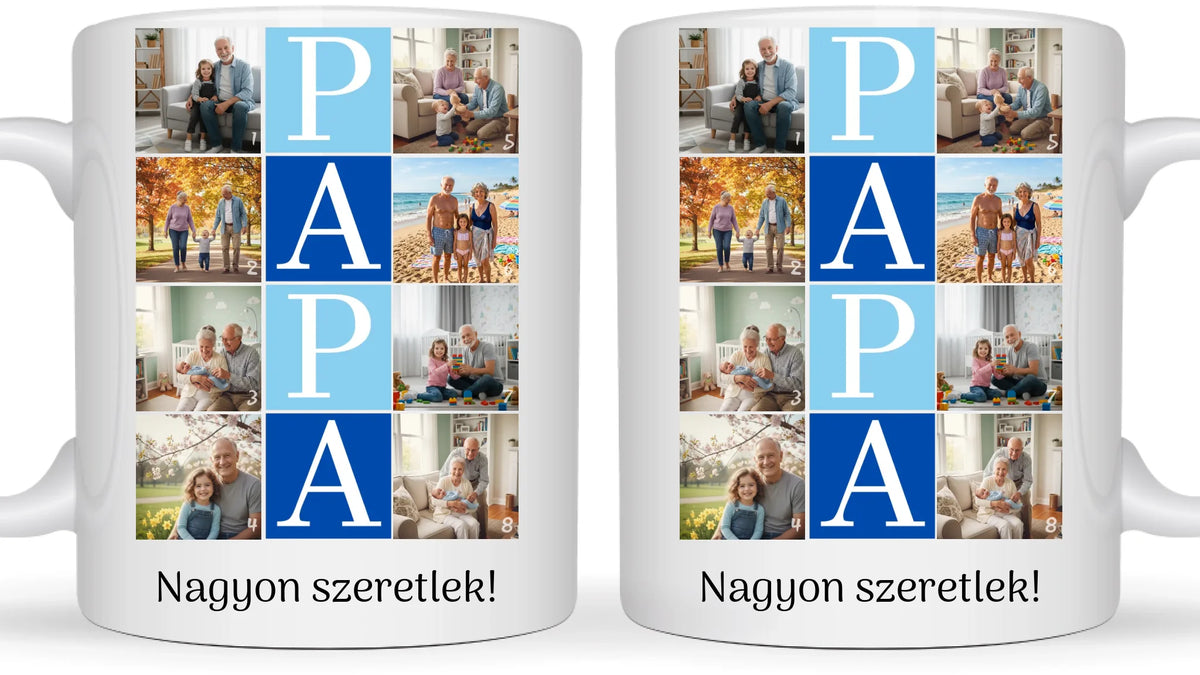 PAPA fotókollázs bögre - 8 fényképpel és szöveggel - személyre szabható ajándék nagypapának