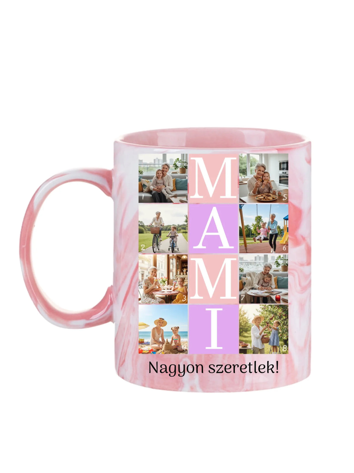 MAMI fotókollázs bögre - 8 fényképpel és szöveggel - személyre szabható ajándék nagymamának