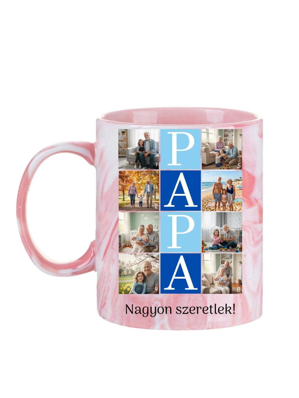PAPA fotókollázs bögre - 8 fényképpel és szöveggel - személyre szabható ajándék nagypapának