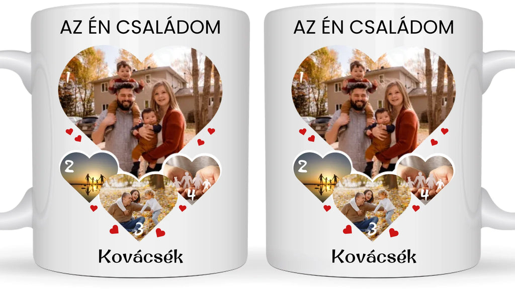 Családi szív fotókollázs bögre - 4 fényképpel - személyre szabható ajándék Családnak
