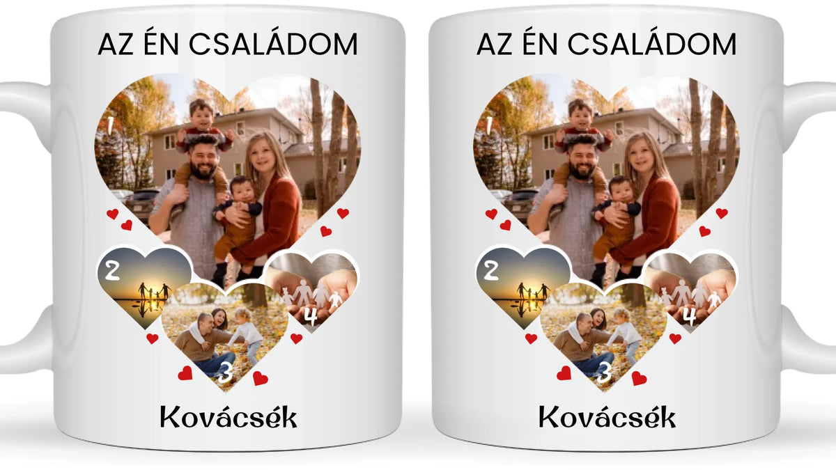 Családi szív fotókollázs bögre - 4 fényképpel - személyre szabható ajándék Családnak