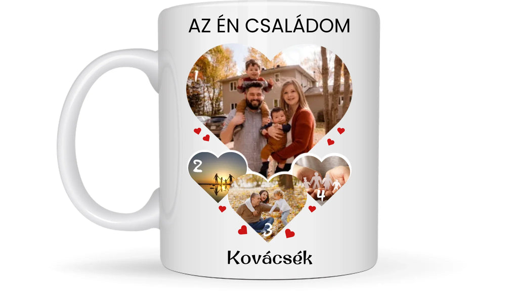 Családi szív fotókollázs bögre - 4 fényképpel - személyre szabható ajándék Családnak