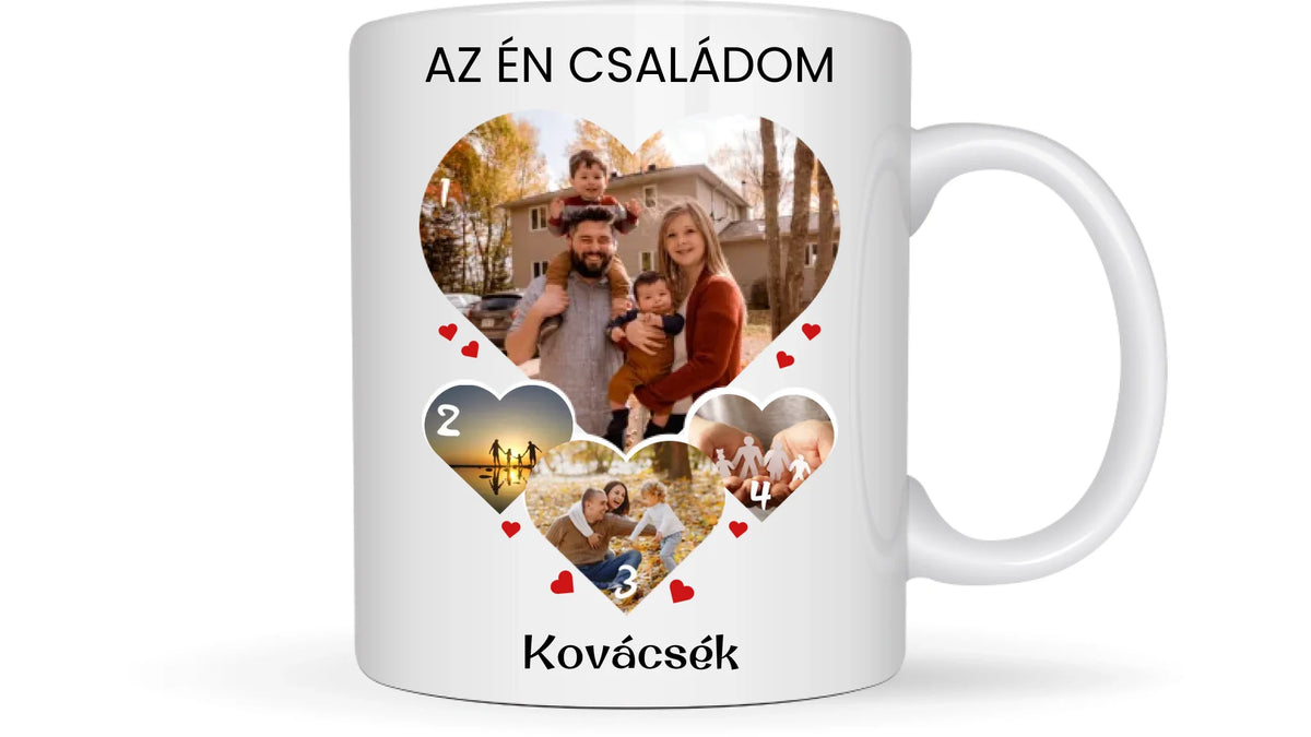 Családi szív fotókollázs bögre - 4 fényképpel - személyre szabható ajándék Családnak